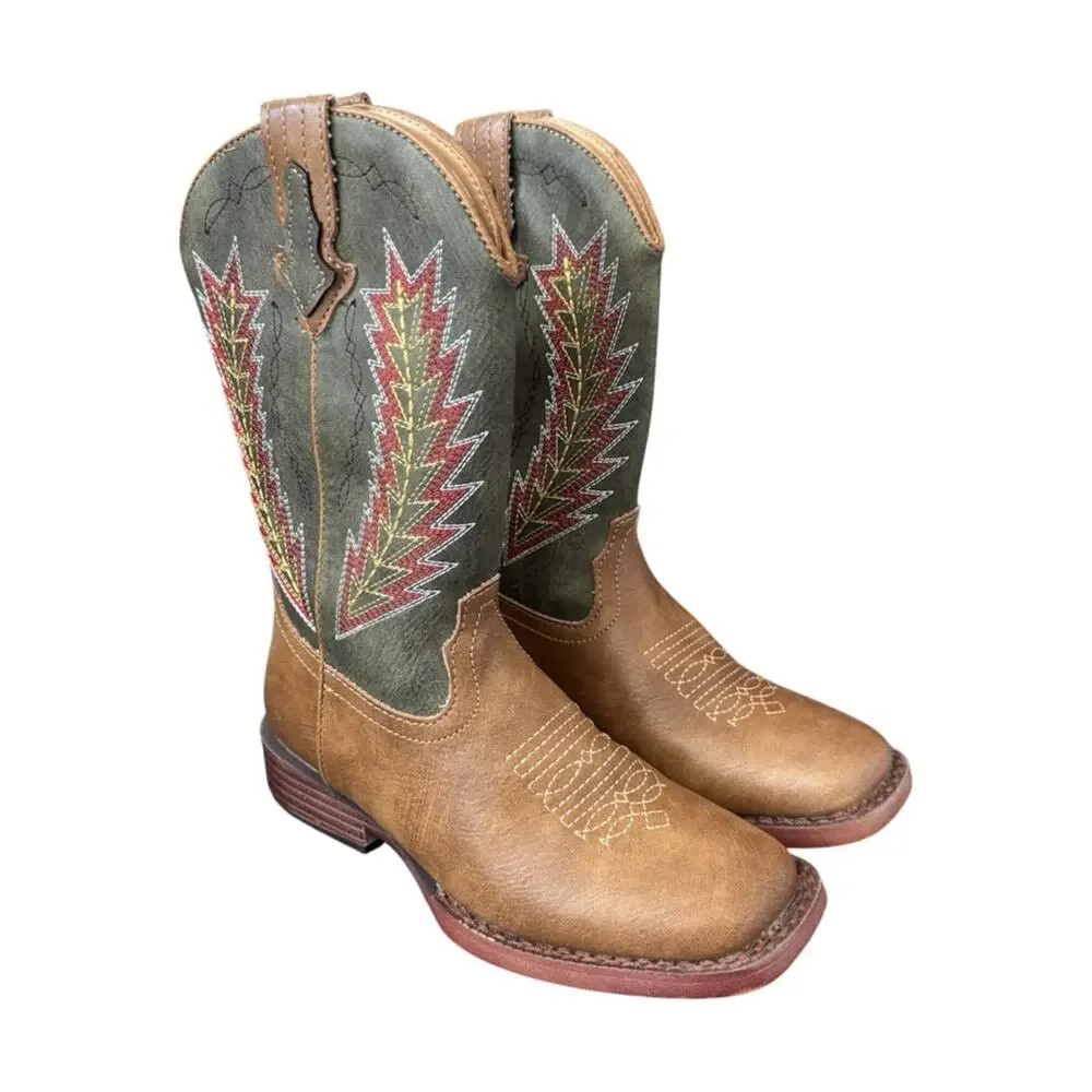 Roper Boys' Arrowheads Western Boots Brown Olive Green Embroidered Size 13